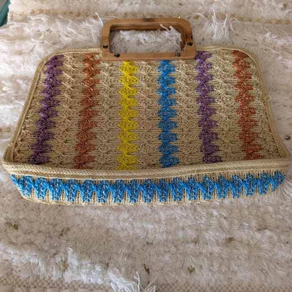 Bag Colorful Woven Tote with Wooden Handles - Picture 2 of 4